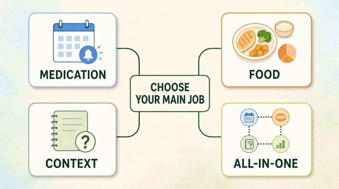 Decision map for choosing medication, food, context, or all-in-one tracking