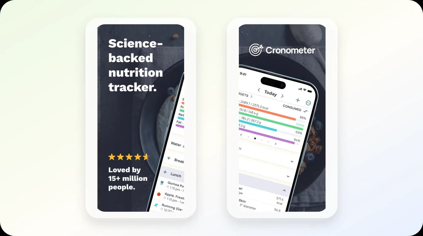 Cronometer App Store screenshots showing macro and micronutrient tracking