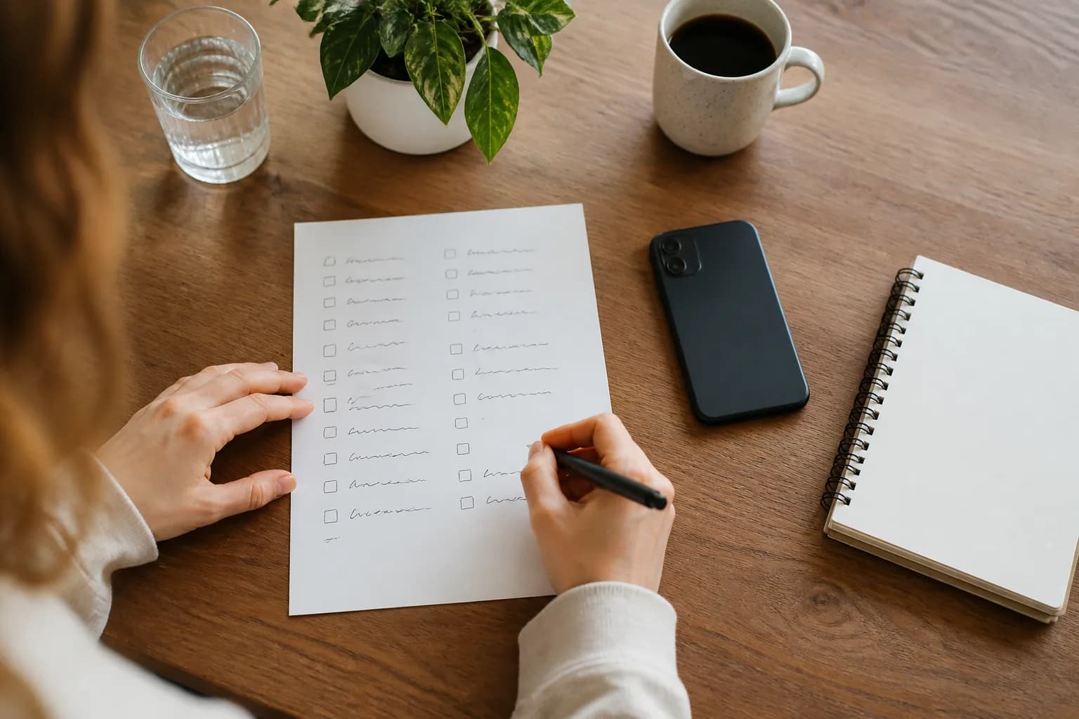 A person selects a short tracking checklist beside a phone and notebook