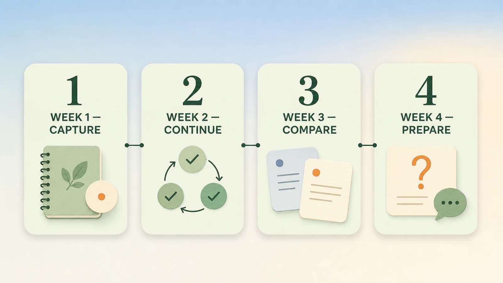 Four review windows moving from capturing context to preparing care questions