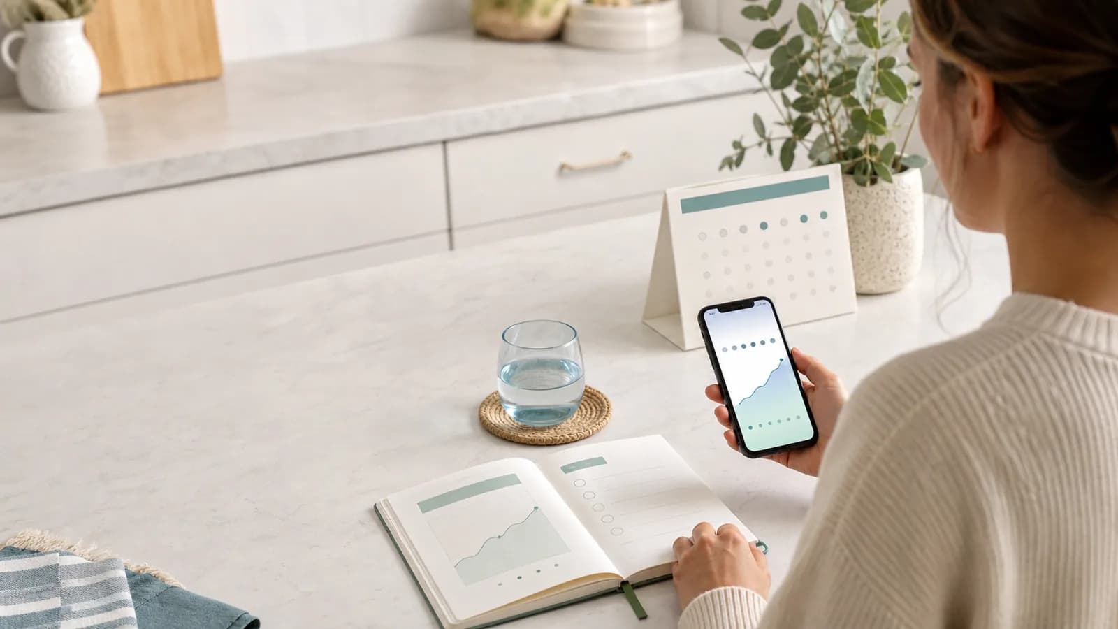 An adult reviews a phone-based dose timeline and a small refill checklist at home