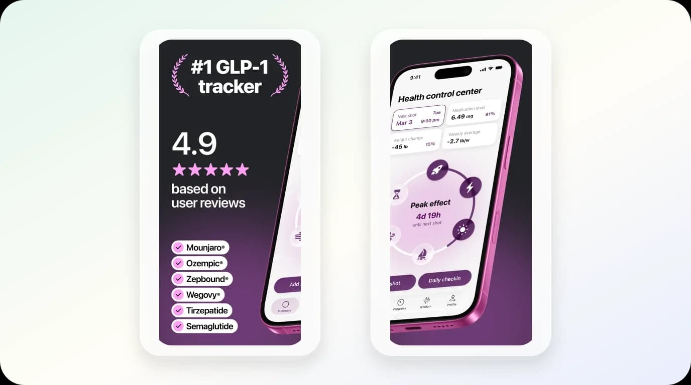 Glapp App Store screens show medication and progress tracking