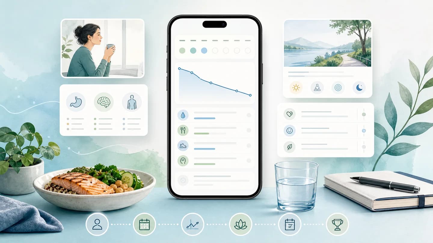 A four-part scorecard illustrates medication, food, hydration, and progress priorities around a phone