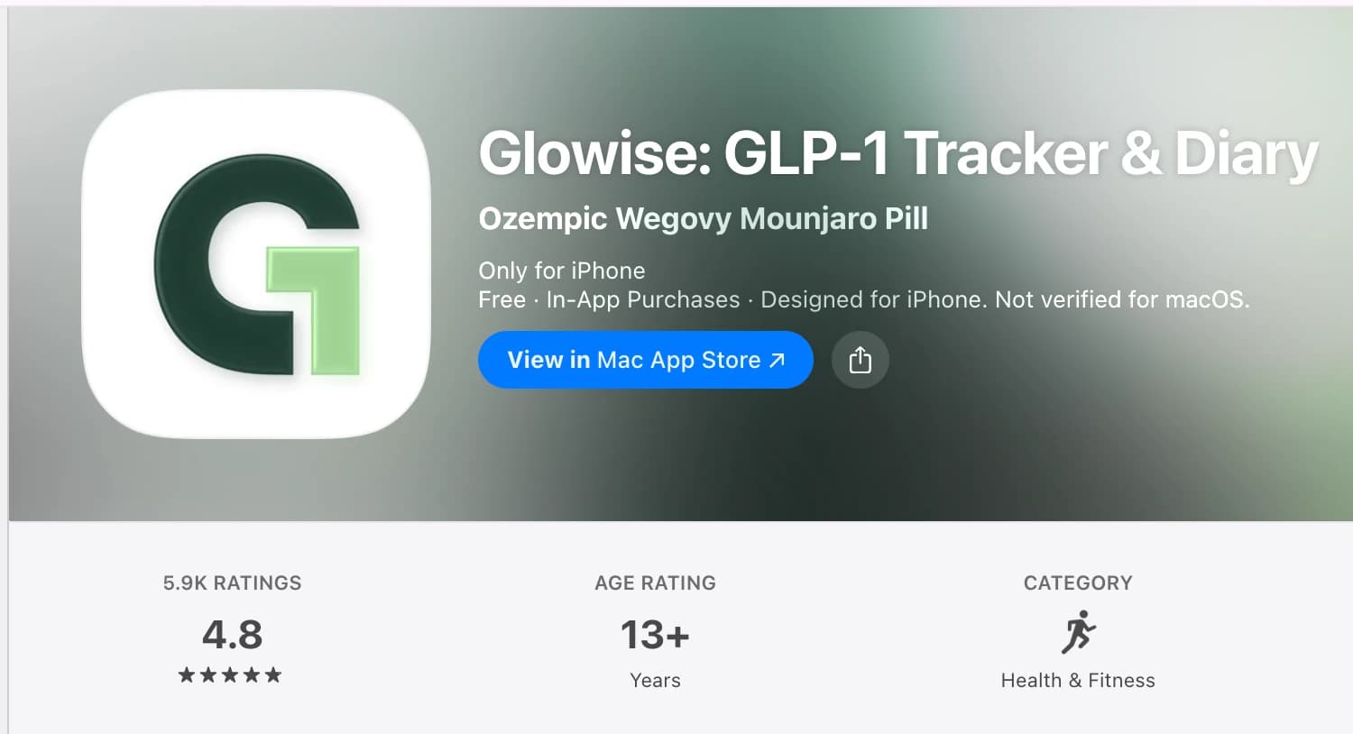 Mac App Store snapshot showing Glowise with a 4.8 out of 5 rating from 5.9K ratings