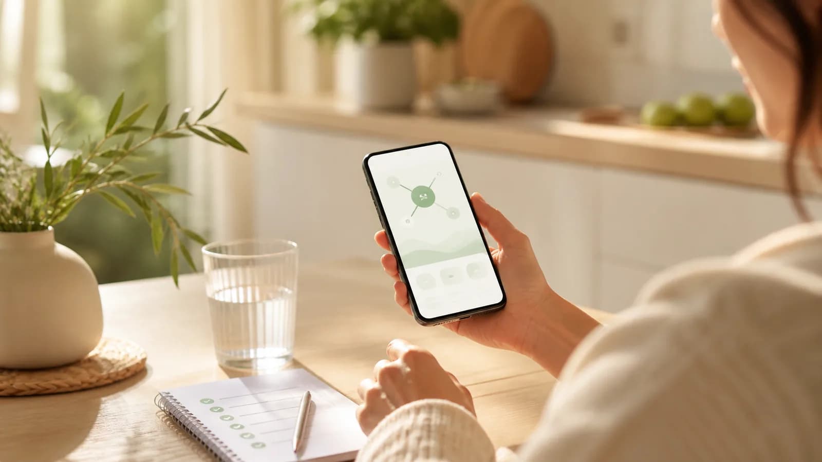 An adult compares a phone-based health record with a small paper checklist at a sunlit kitchen table