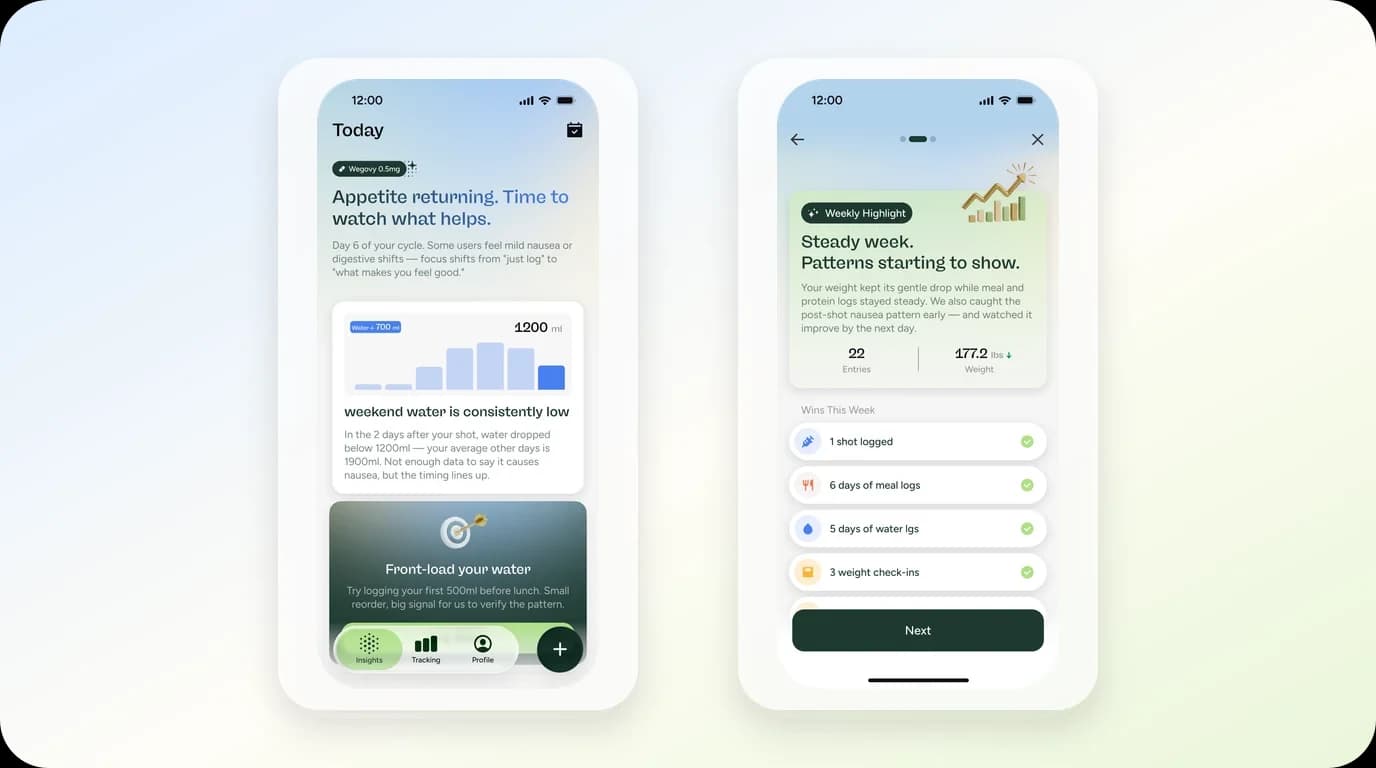 Glowise daily tracking screens show a connected medication, nutrition, and progress record