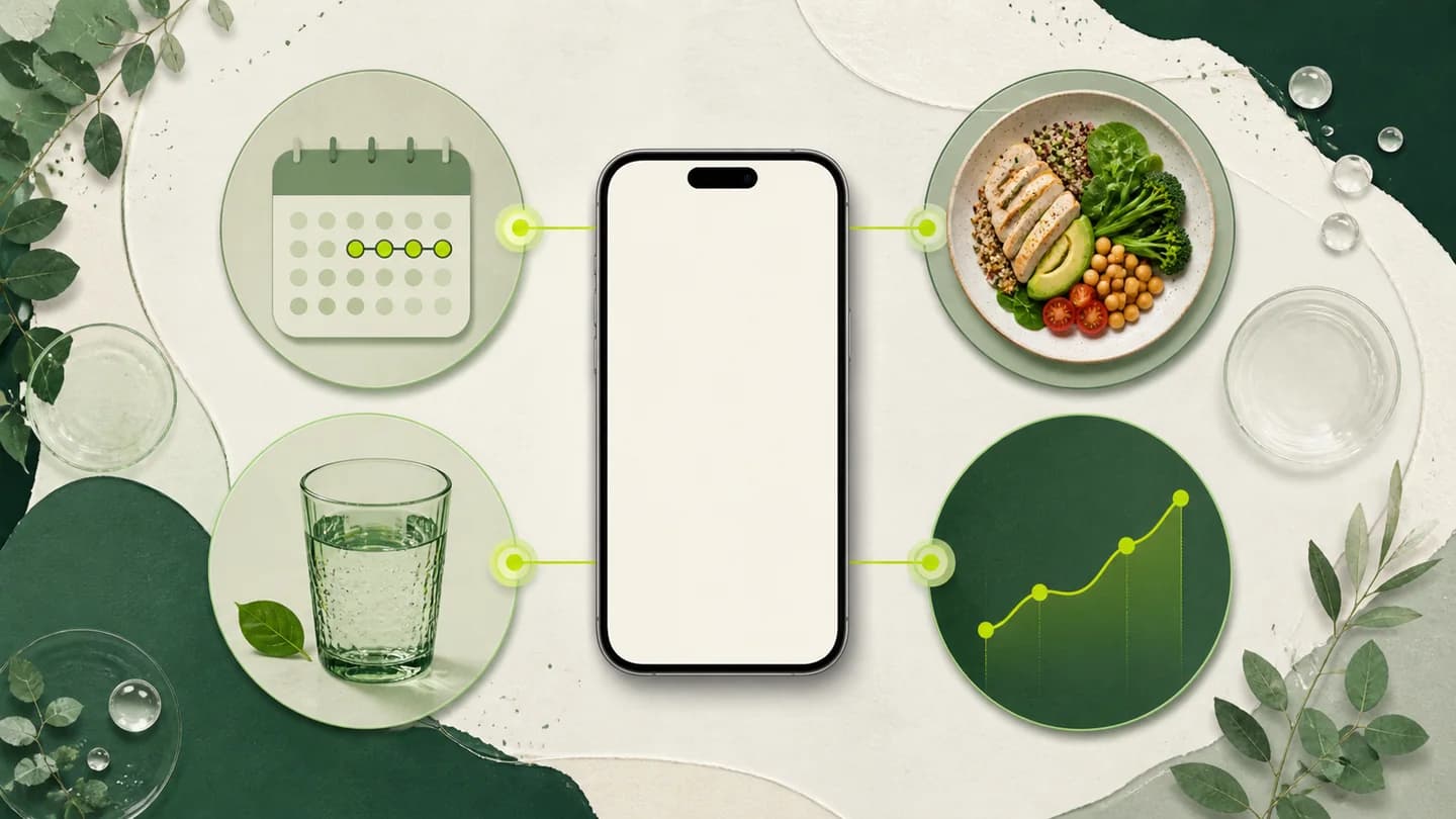 A four-part scorecard illustrates medication, food, hydration, and progress priorities around a phone