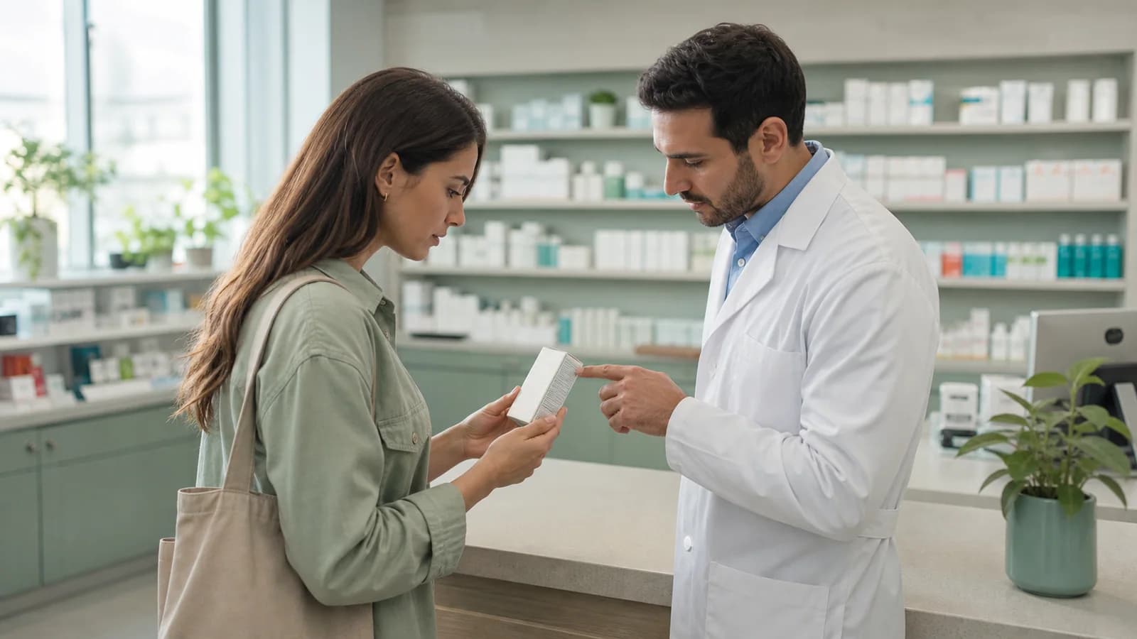 A shopper and pharmacist compare an unbranded patch package at a pharmacy counter