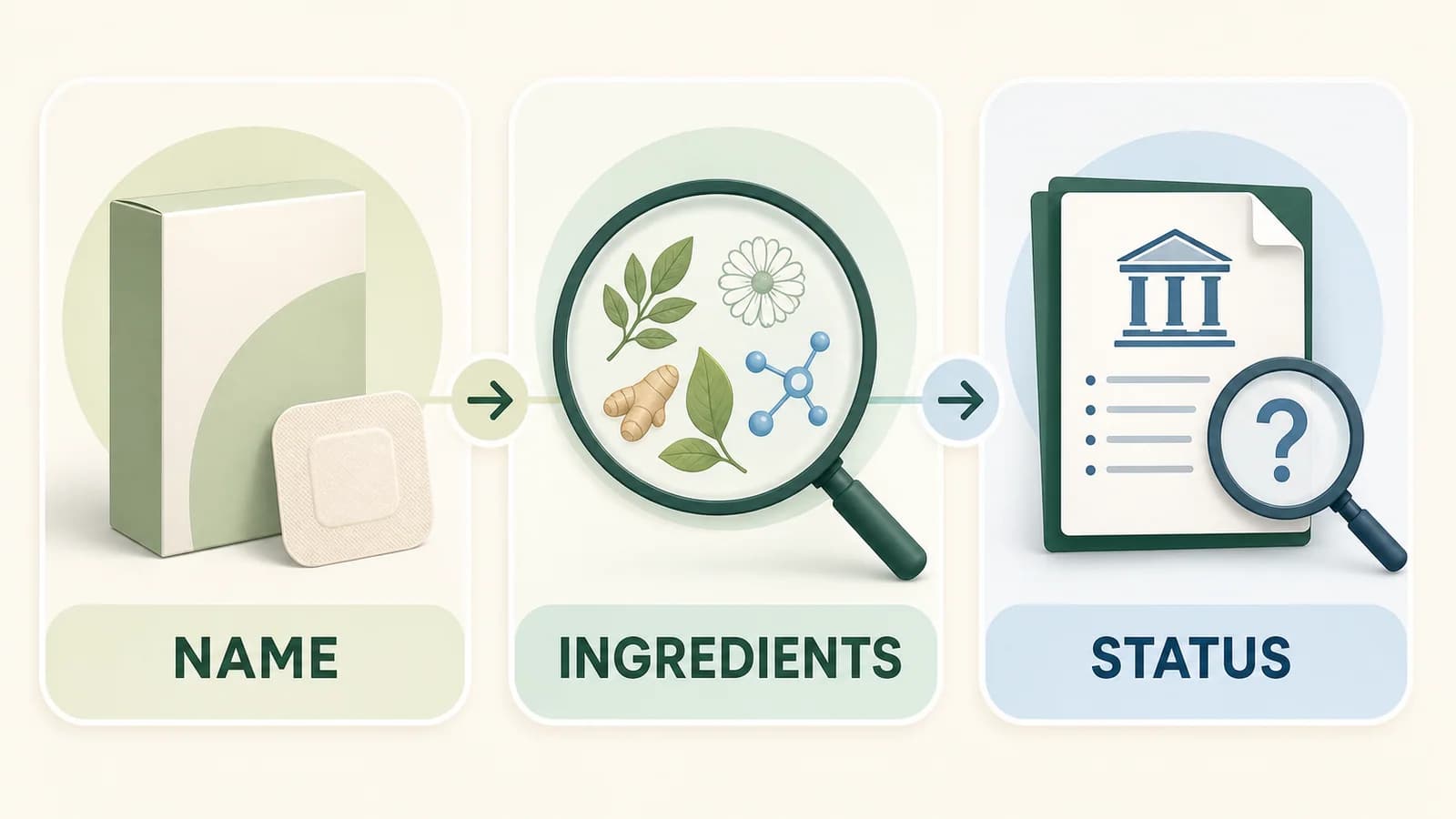 Three-part check separating a patch name, ingredient list, and approval record