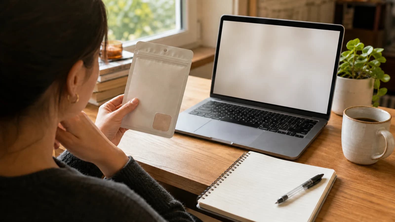 A reader reviews a generic patch package beside a blank laptop screen and notebook