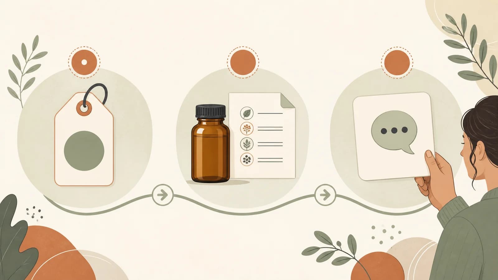 Illustrated path from a broad category tag to a product label and a focused question card