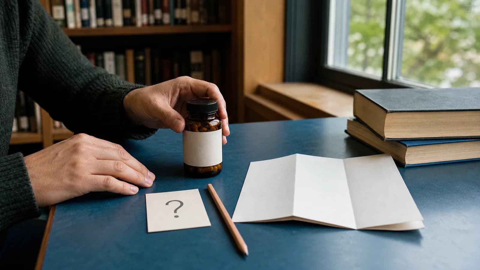 Person placing an unbranded supplement bottle beside a question card on a library reading table