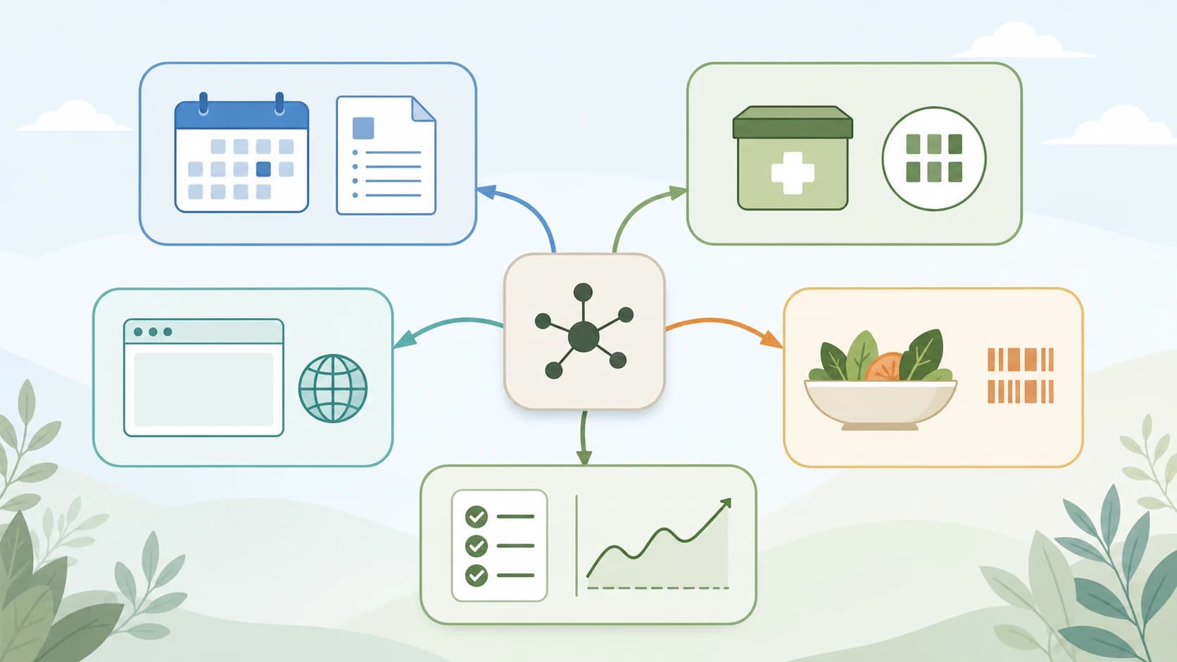 An illustrated path map branches from one tracker decision to medication records, supply, browser access, food logging, and daily context