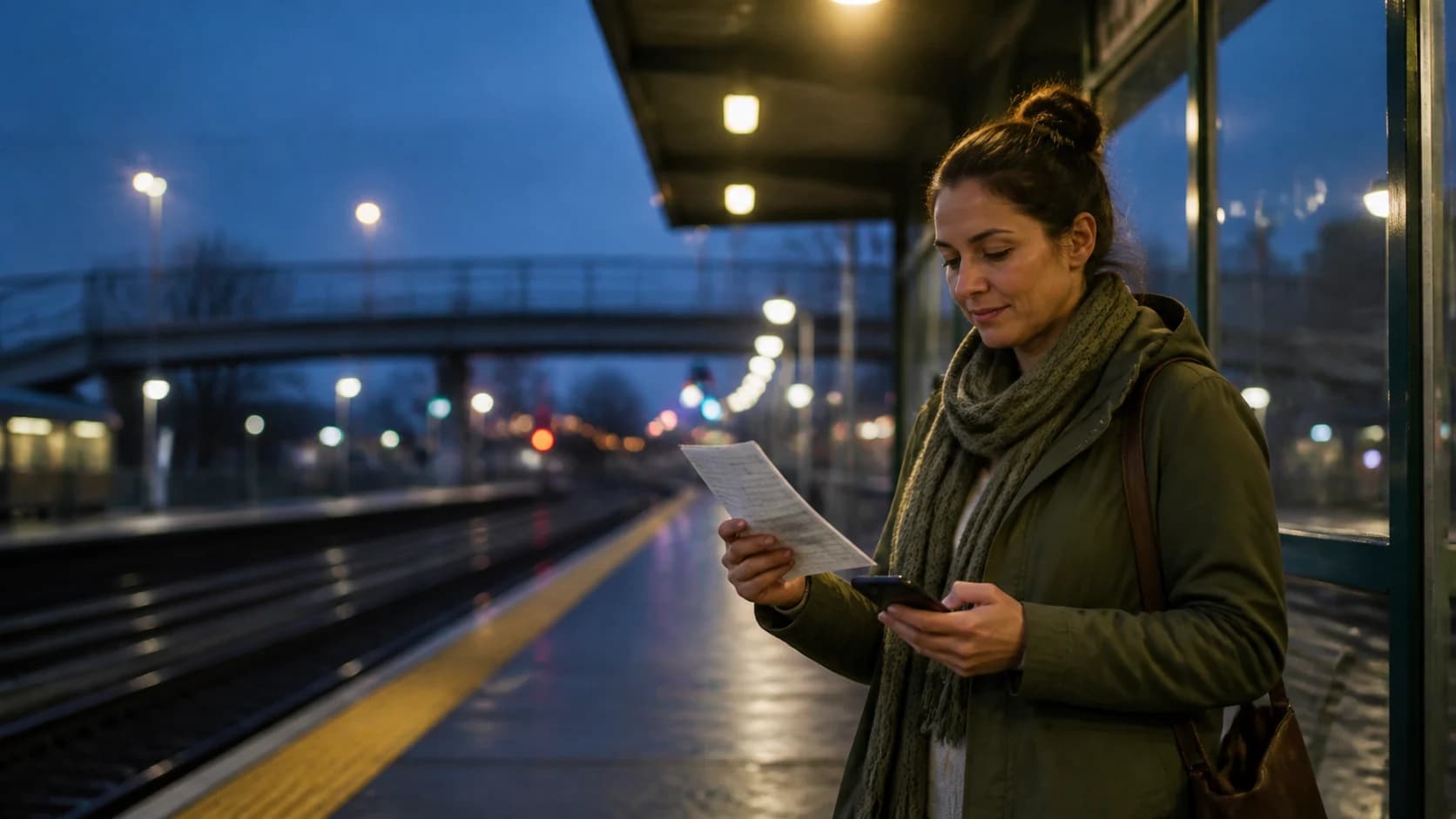 A woman compares a phone and paper checklist on an evening train platform