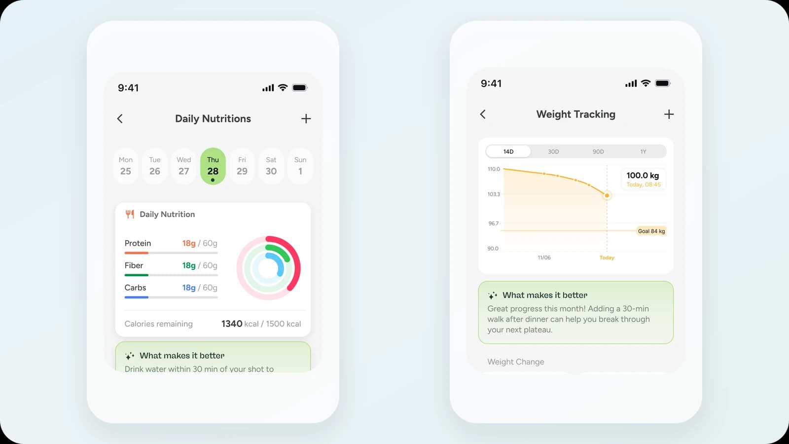 Two Glowise app views show daily nutrition tracking beside weight-progress context
