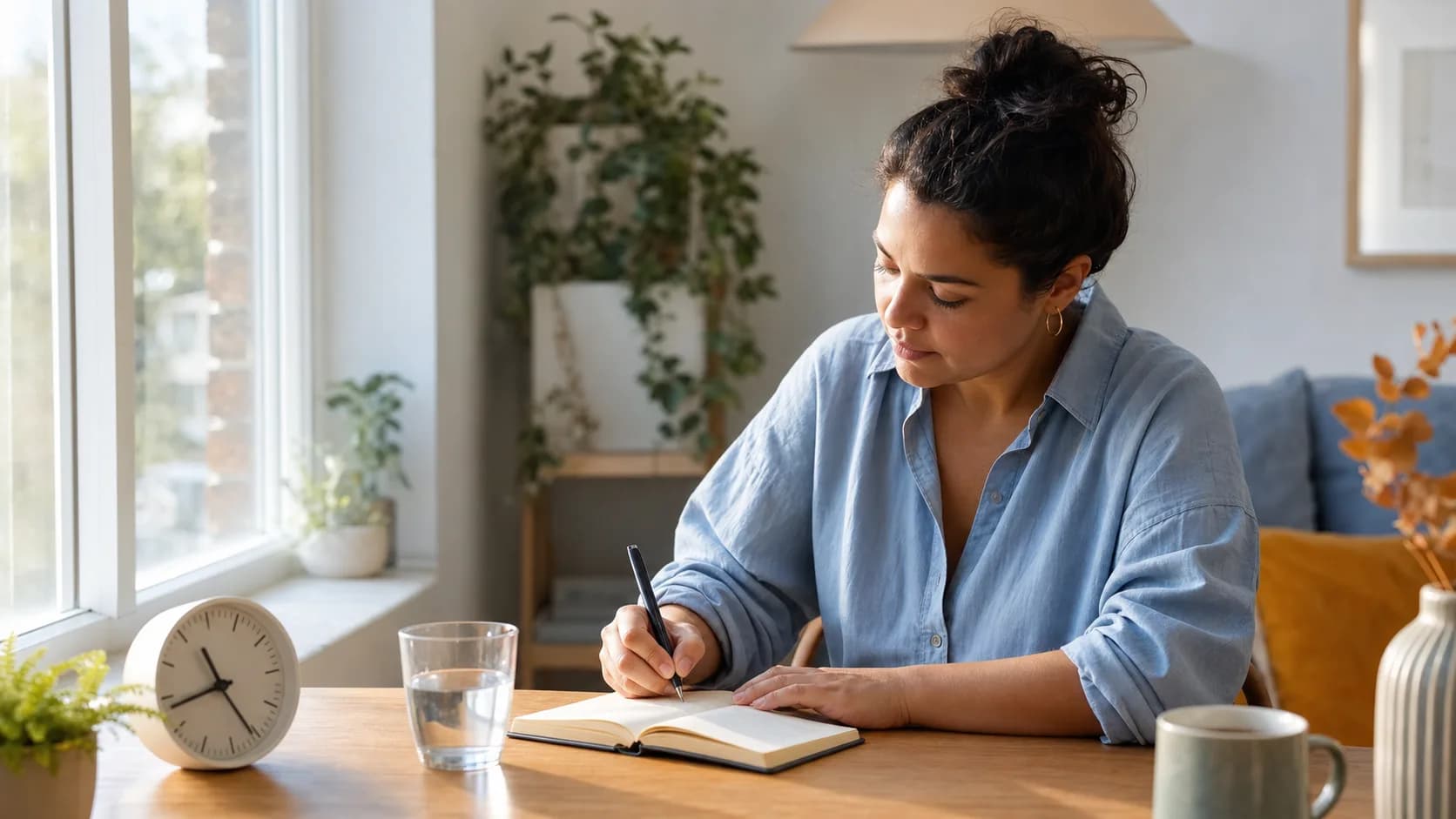 Person writing a short symptom note beside a window and glass of water