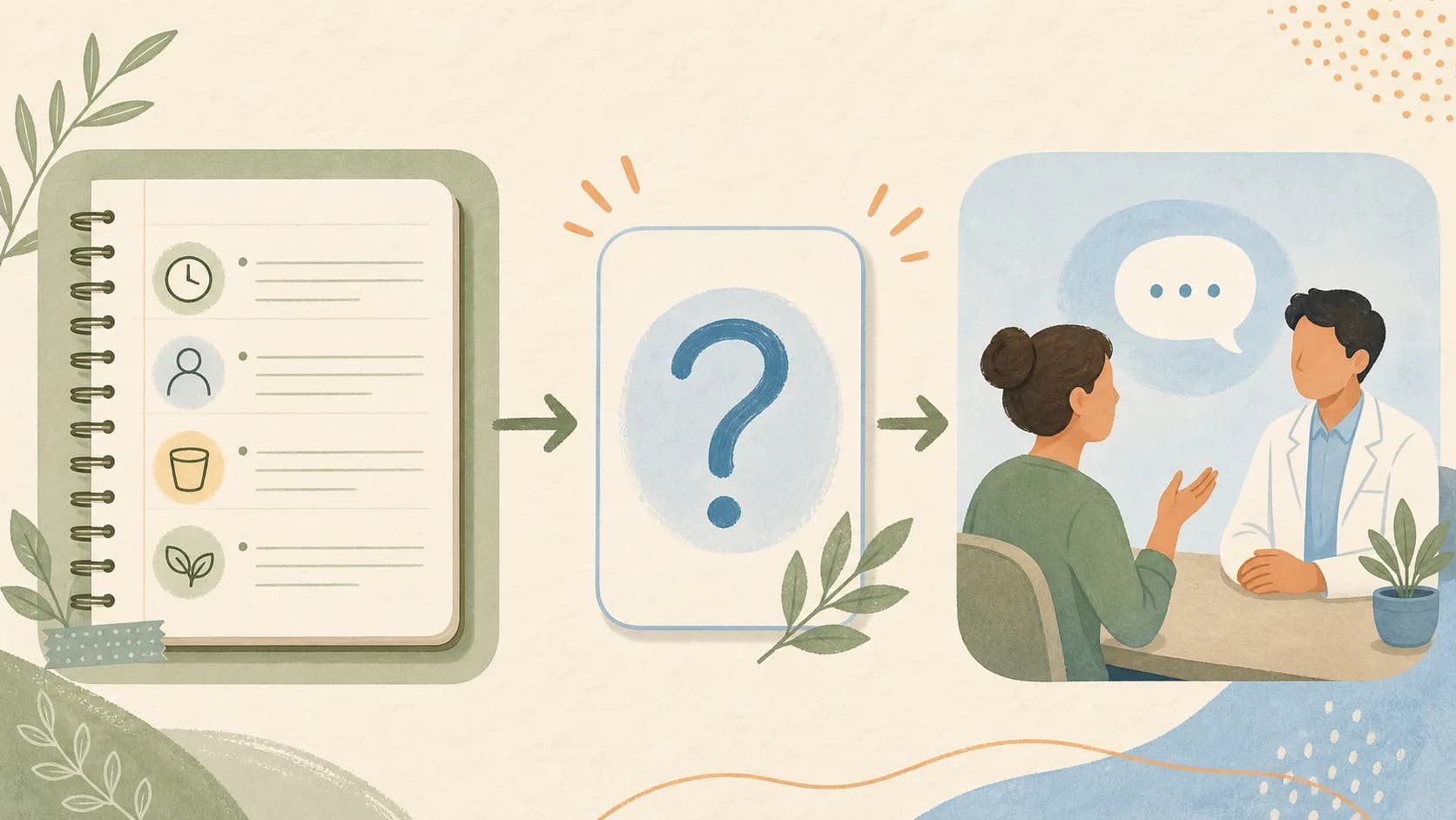 A calm diagram showing a note turning into a question for a professional