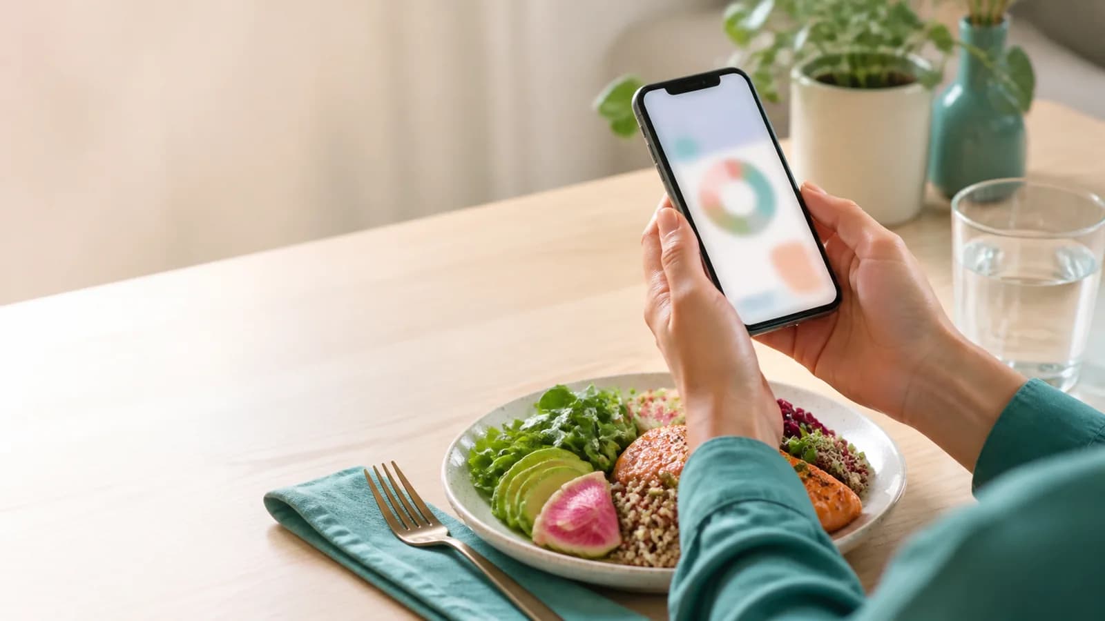 An adult reviews a meal diary on a phone beside a grocery list and a prepared lunch