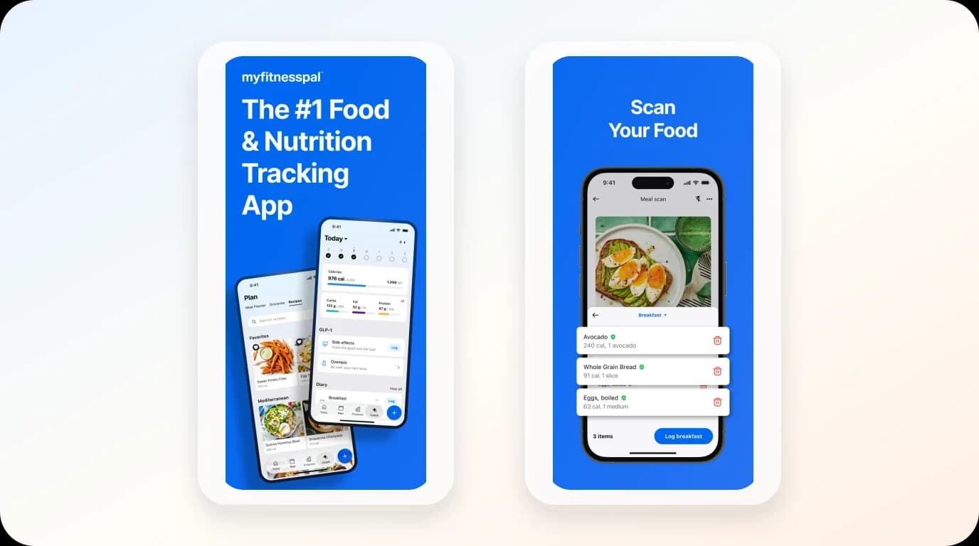 MyFitnessPal App Store screens show food and nutrition tracking