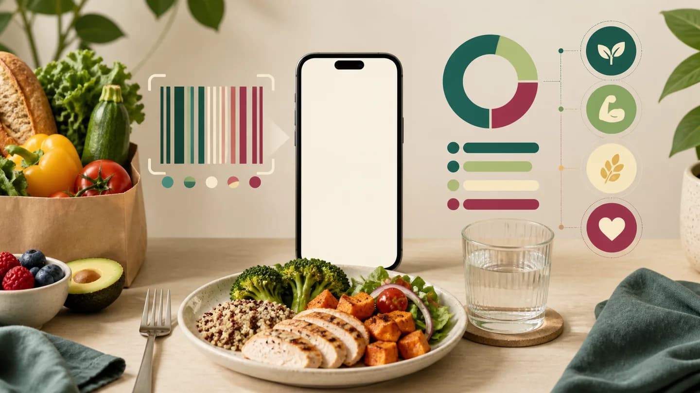 A four-part scorecard illustrates medication, food, hydration, and progress priorities around a phone
