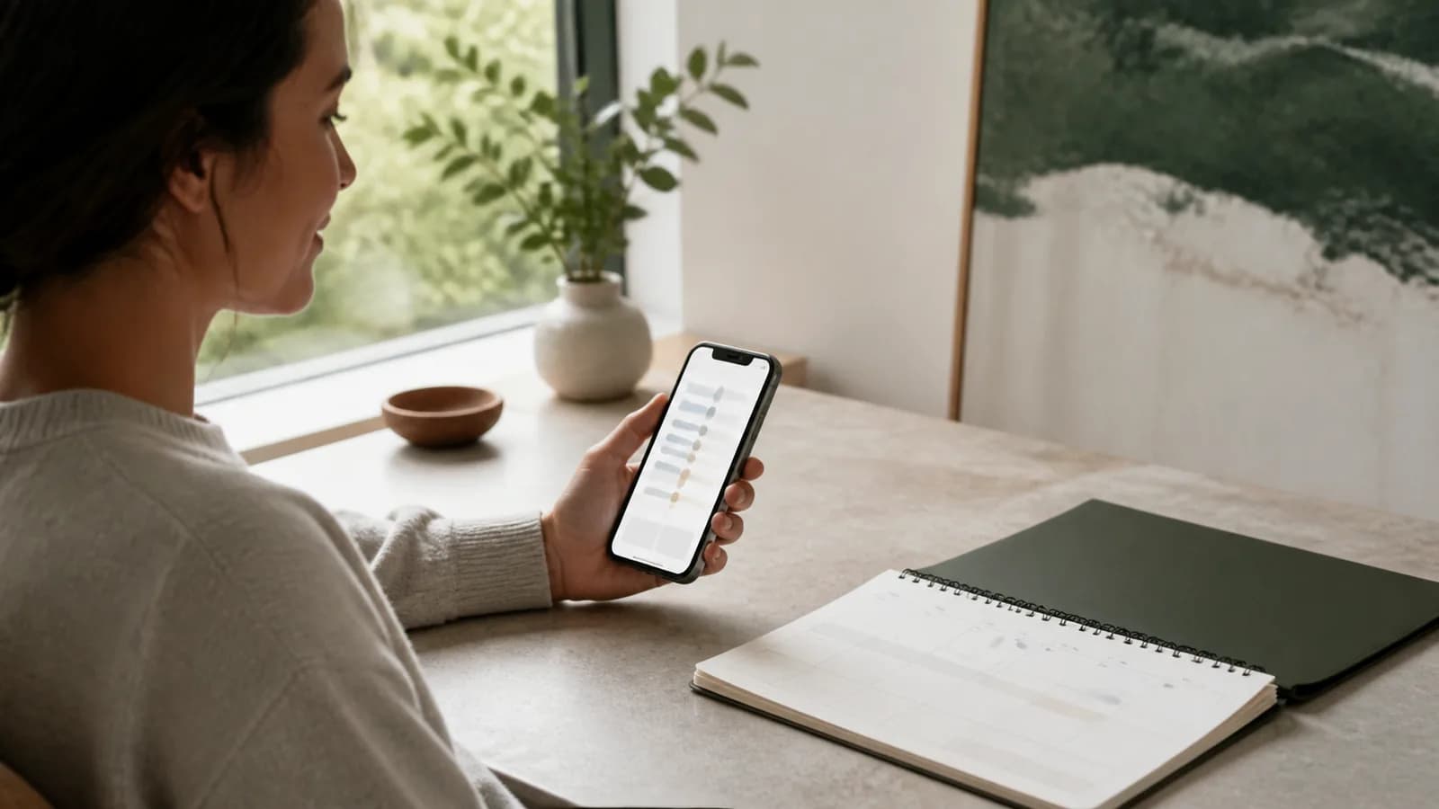 An adult reviews a medication calendar and phone at a quiet kitchen table