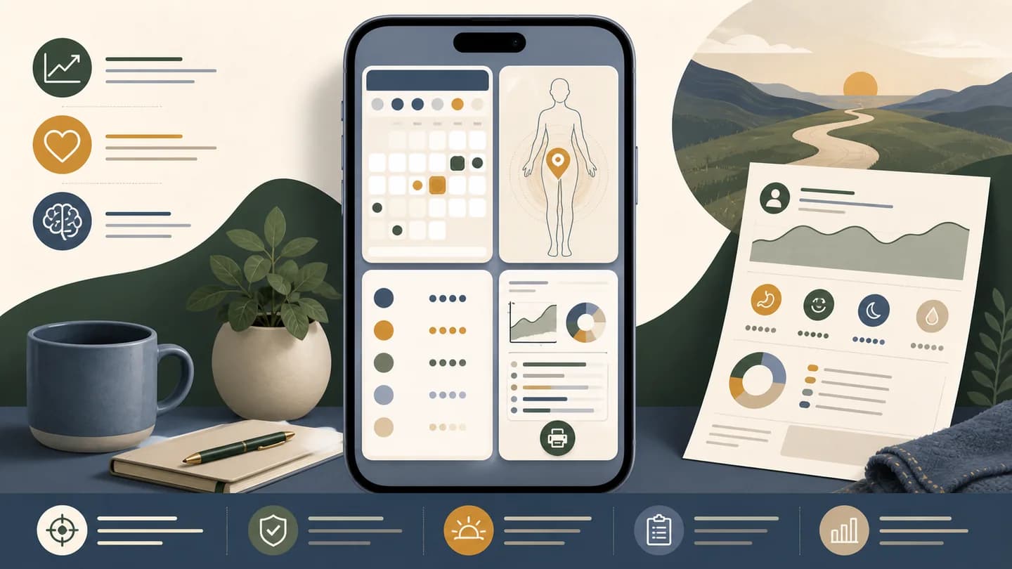 A four-part scorecard illustrates medication, food, hydration, and progress priorities around a phone
