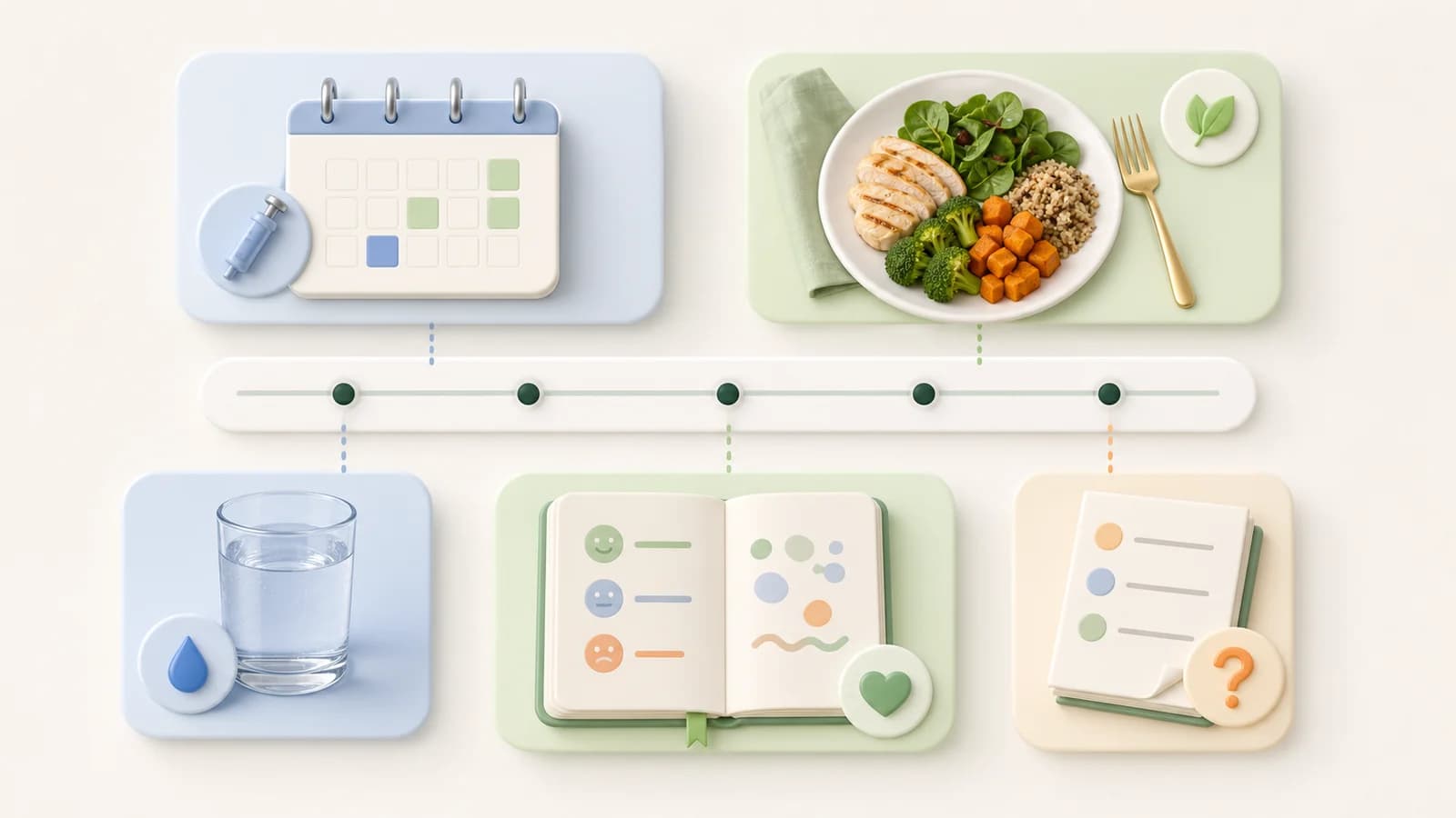 Medication timing, a meal, water, symptom notes, and follow-up questions connected across a simple timeline