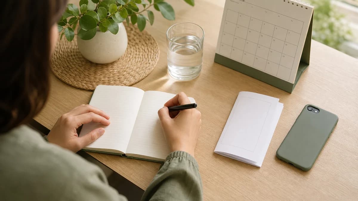 Person writing a short factual note beside a medicine leaflet, phone, and calendar