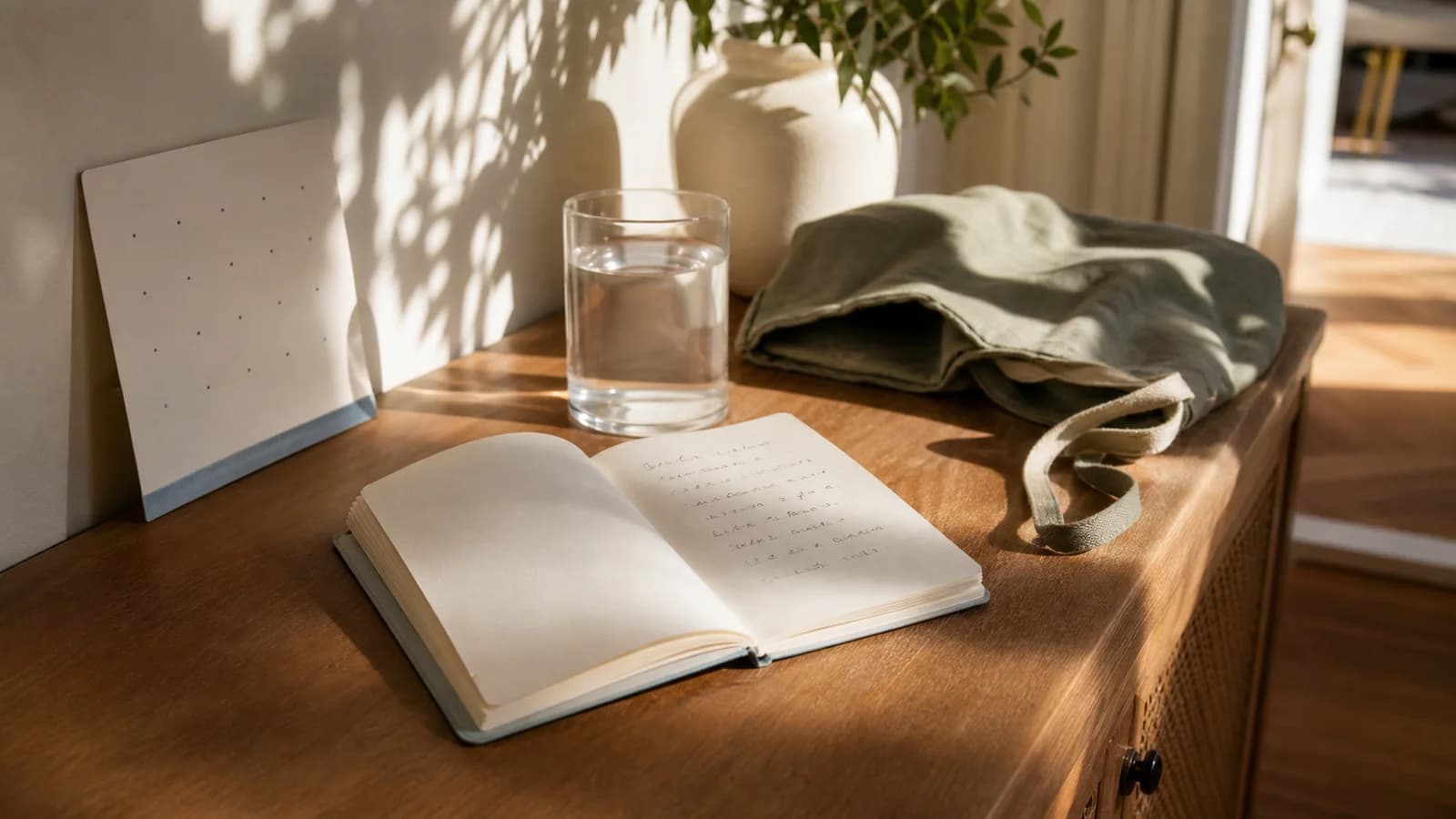 Calendar, water glass, and short handwritten note on a hallway console in warm afternoon light