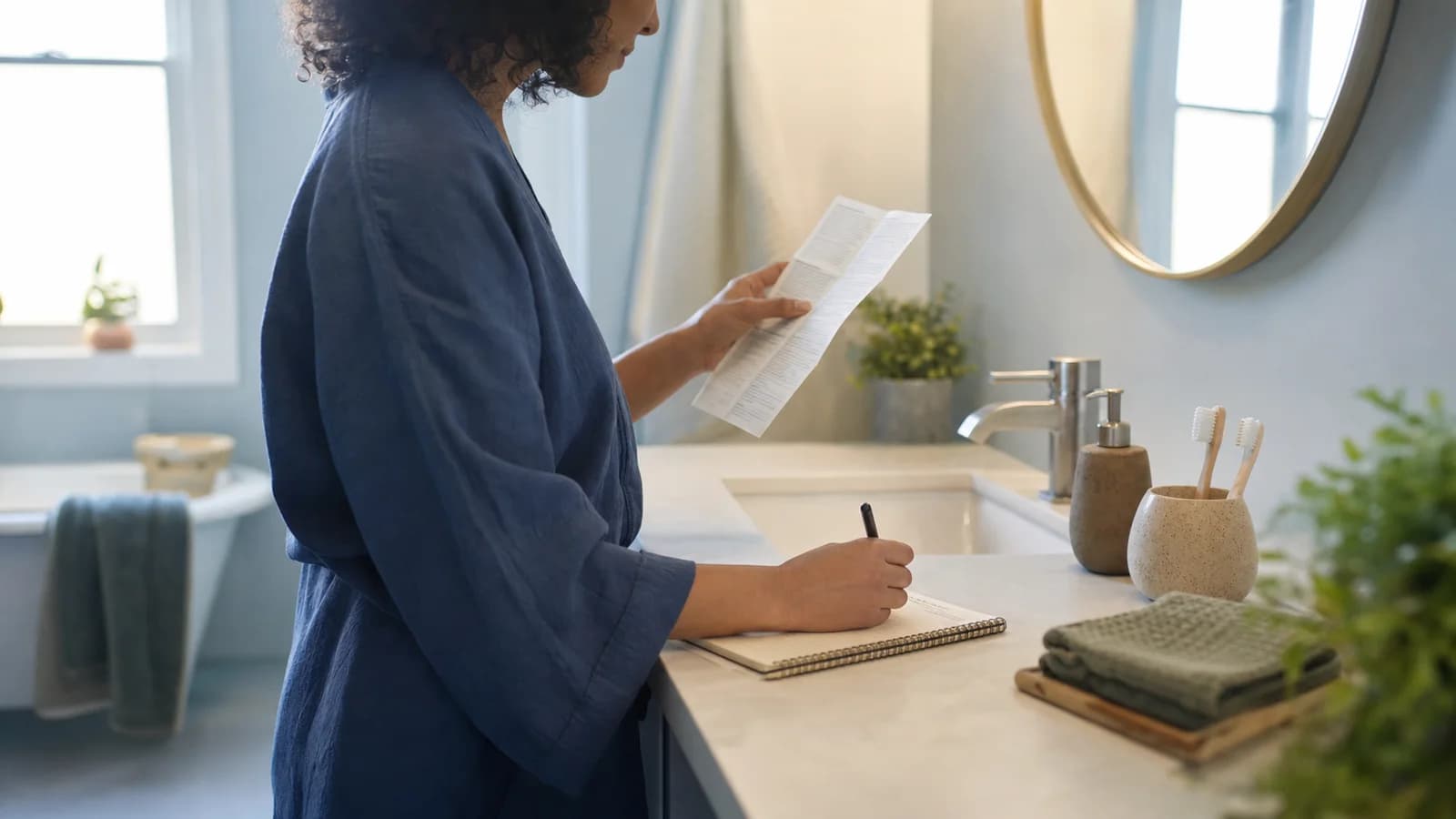 Adult reviewing a medication guide beside a bathroom mirror in soft morning light
