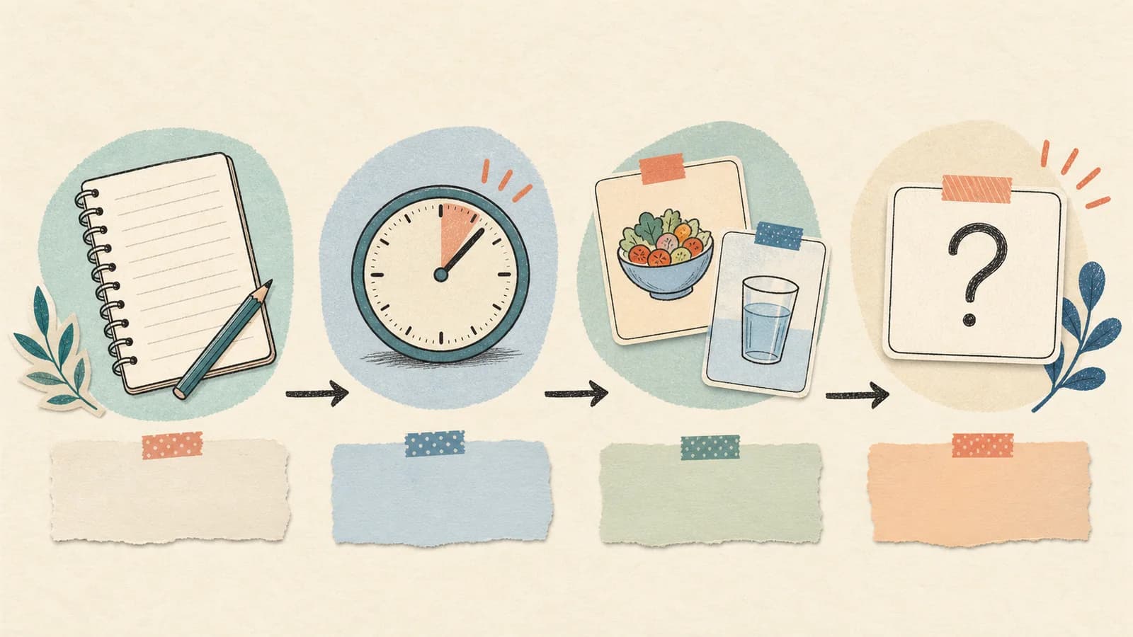 Four-step visual showing an observation note, a clock, context cards, and a question card