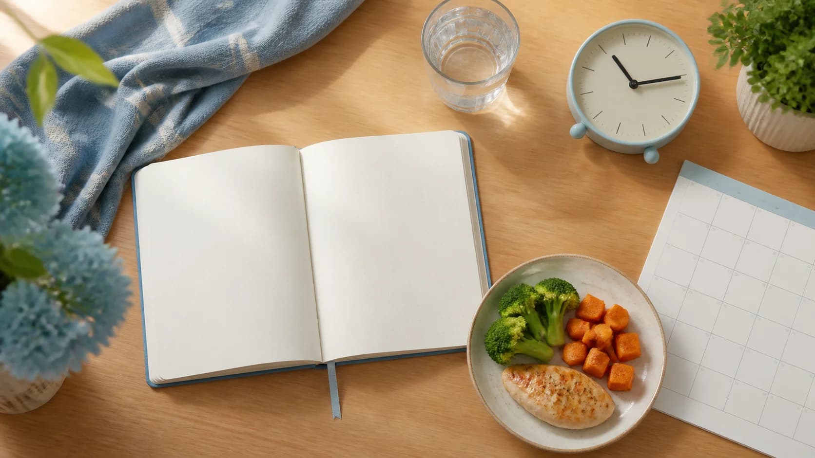 Blank notebook, water glass, clock, meal plate, and calendar arranged for a context note