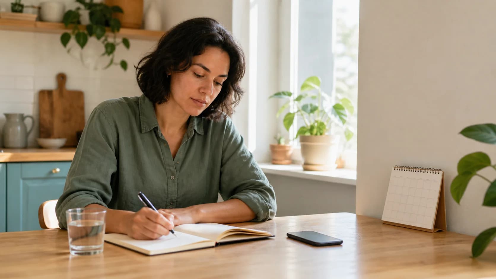 Person writing a few observations in a notebook beside a calendar and water glass