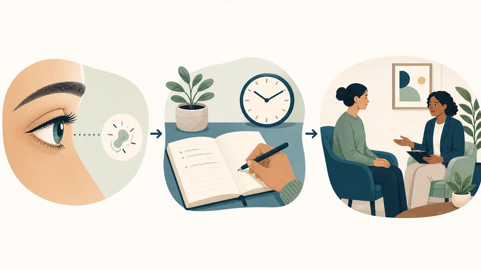 Illustrated sequence of noticing a change, recording context, and preparing a care conversation