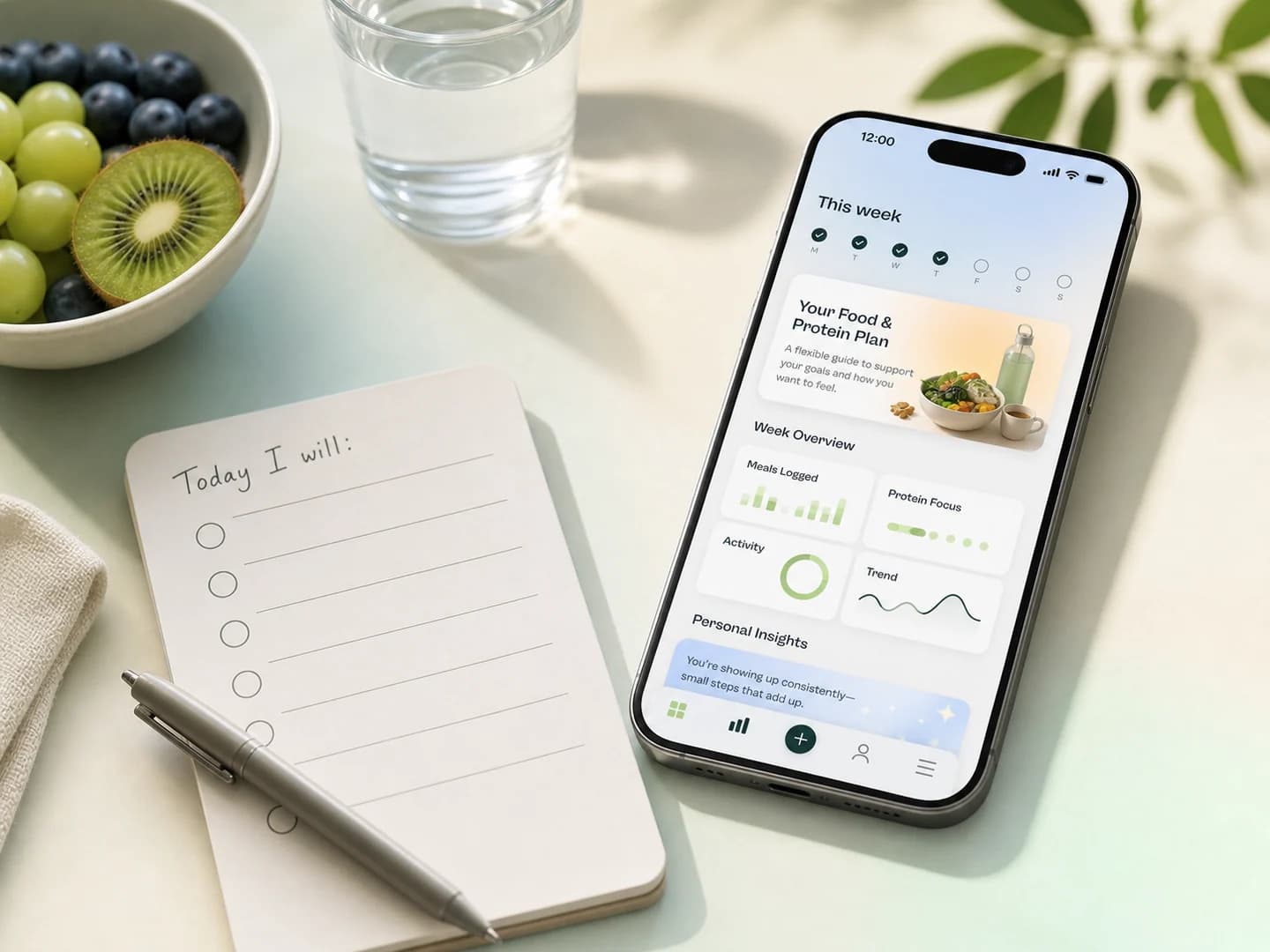 Phone showing an abstract Glowise food and protein plan beside fruit, water, and a blank checklist