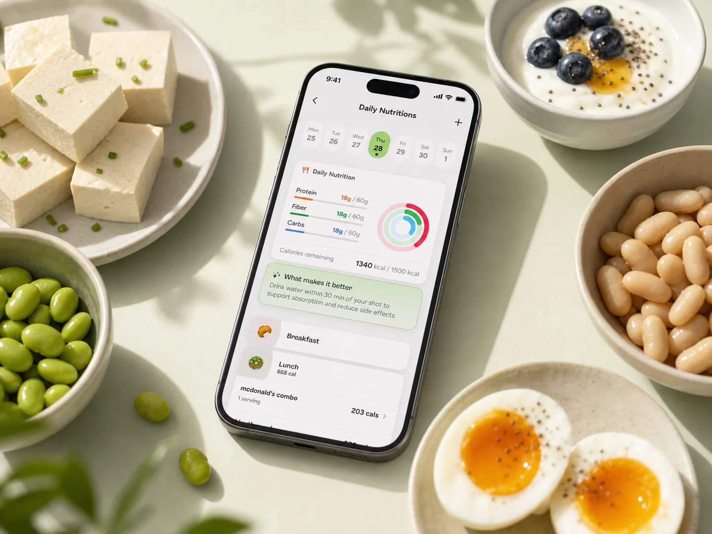 Phone showing Glowise Daily Nutrition beside tofu, beans, yogurt, edamame, and eggs