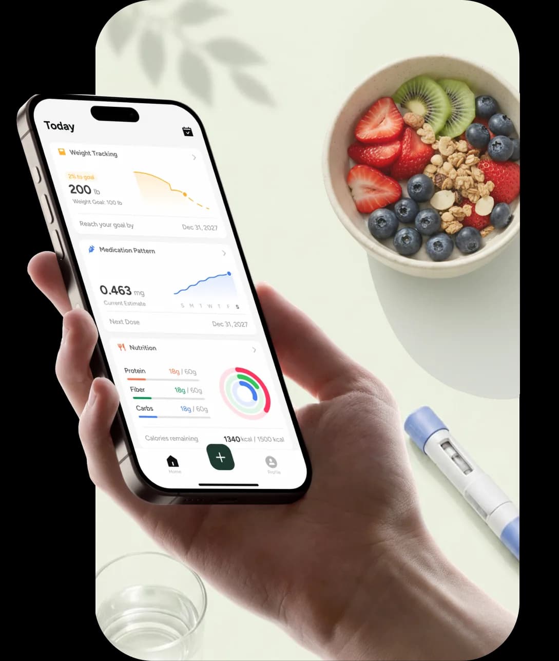 A hand holding a phone with the Glowise app open to weight, medication, and nutrition tracking, beside a breakfast bowl and a glass of water