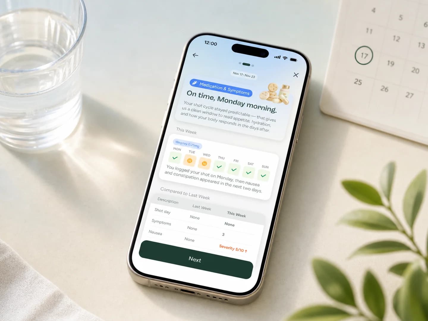 Phone showing a Glowise medication and symptoms weekly timeline beside a calendar and water