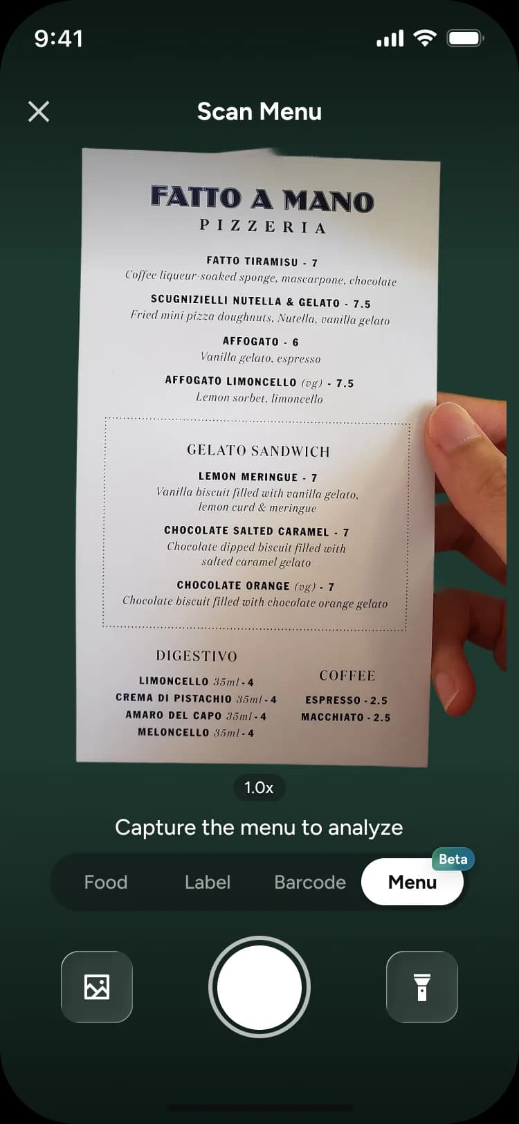 Glowise camera scanner showing food, label, barcode, and menu capture modes