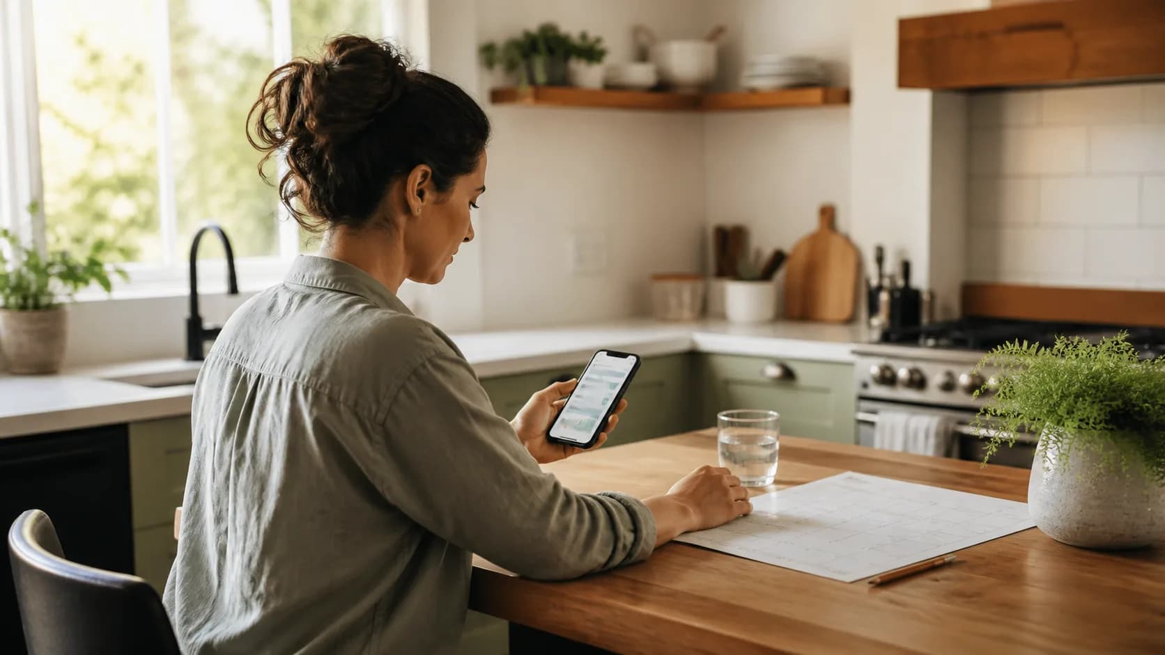 An adult reviews an unbranded routine tracker and paper calendar at a kitchen table