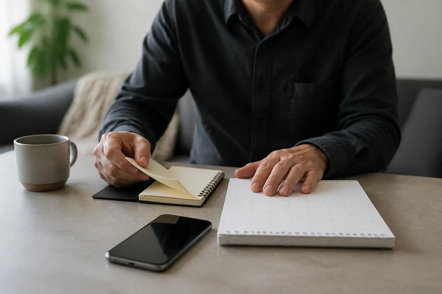 An adult reviews routine notes beside a phone before a healthcare conversation