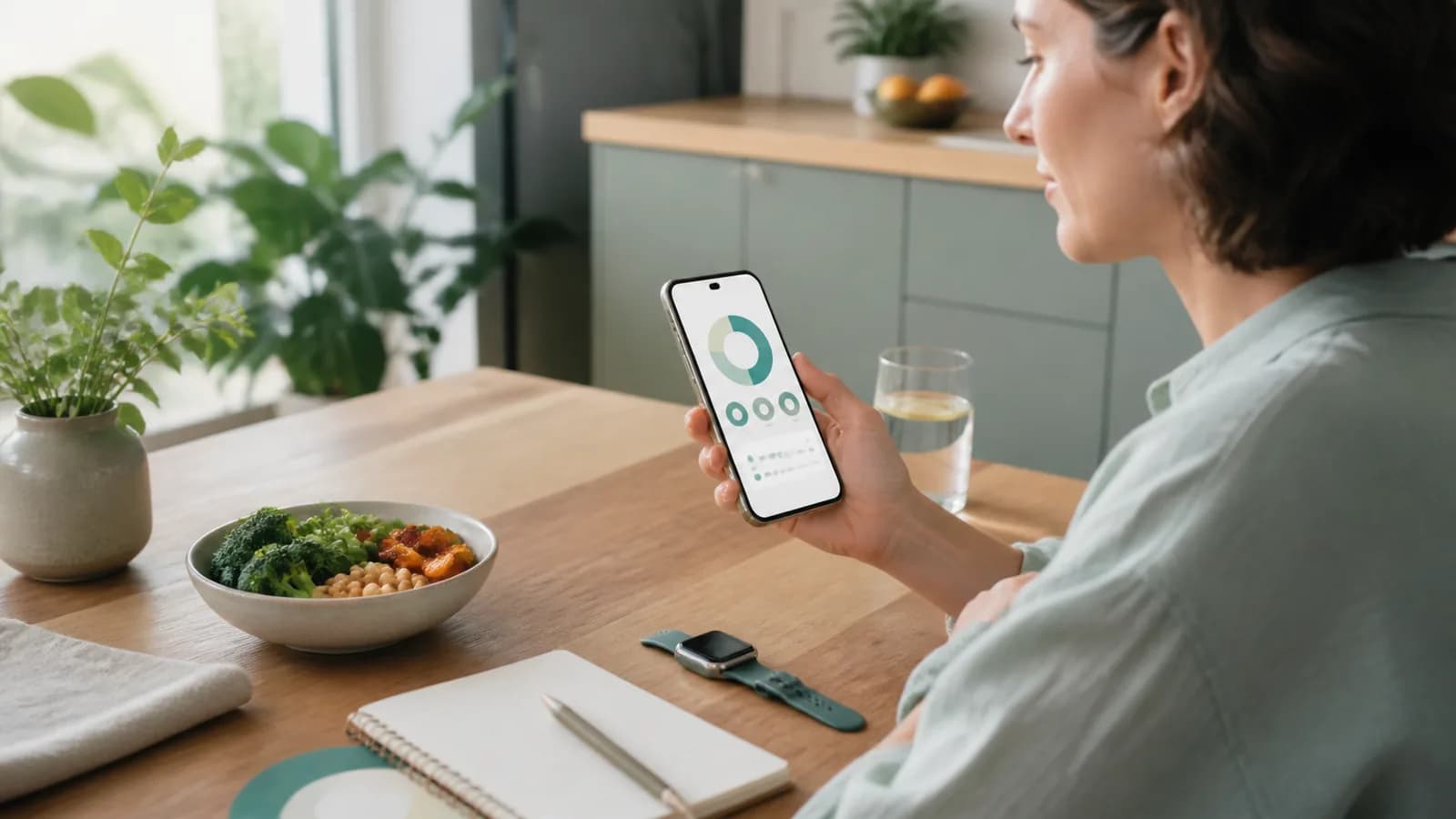 An adult compares a nutrition detail screen with a simple meal note at a bright table