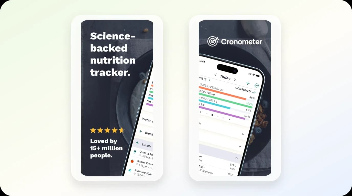 Cronometer App Store screens show macro and micronutrient tracking
