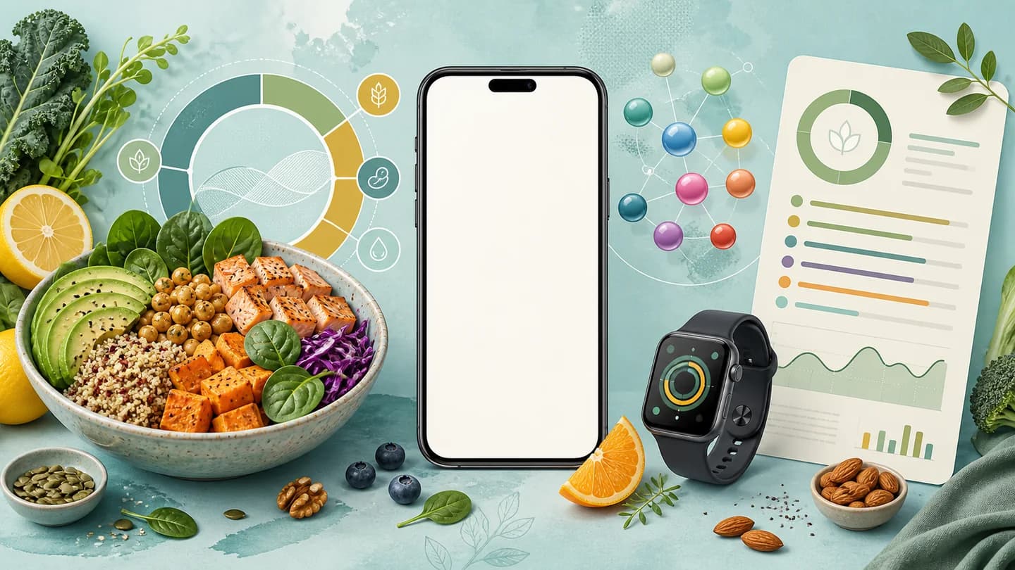 A four-part scorecard illustrates medication, food, hydration, and progress priorities around a phone