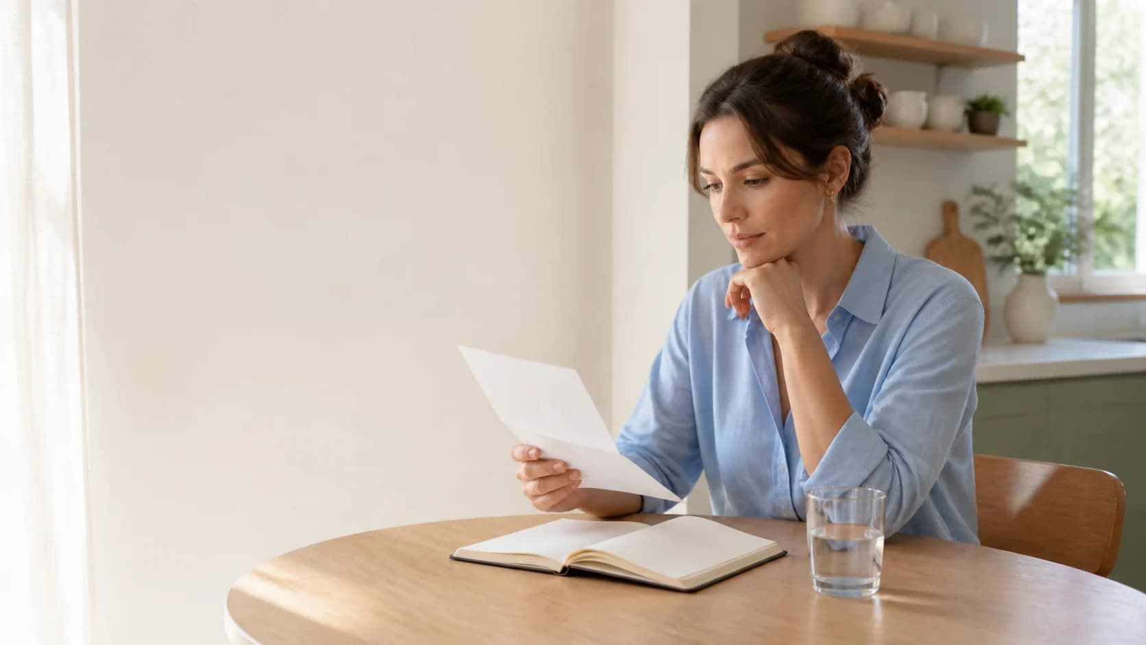 Person reviewing a blank information sheet and notebook at a kitchen table
