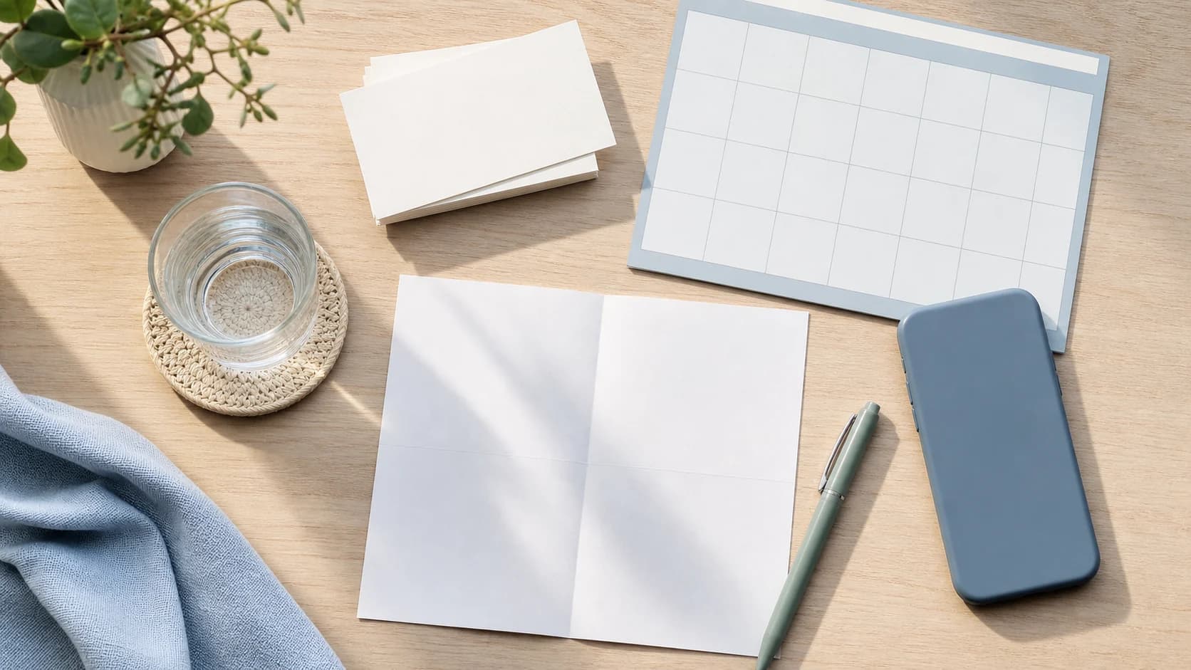 Blank notes, calendar, water glass, pen, and phone arranged for a follow-up conversation