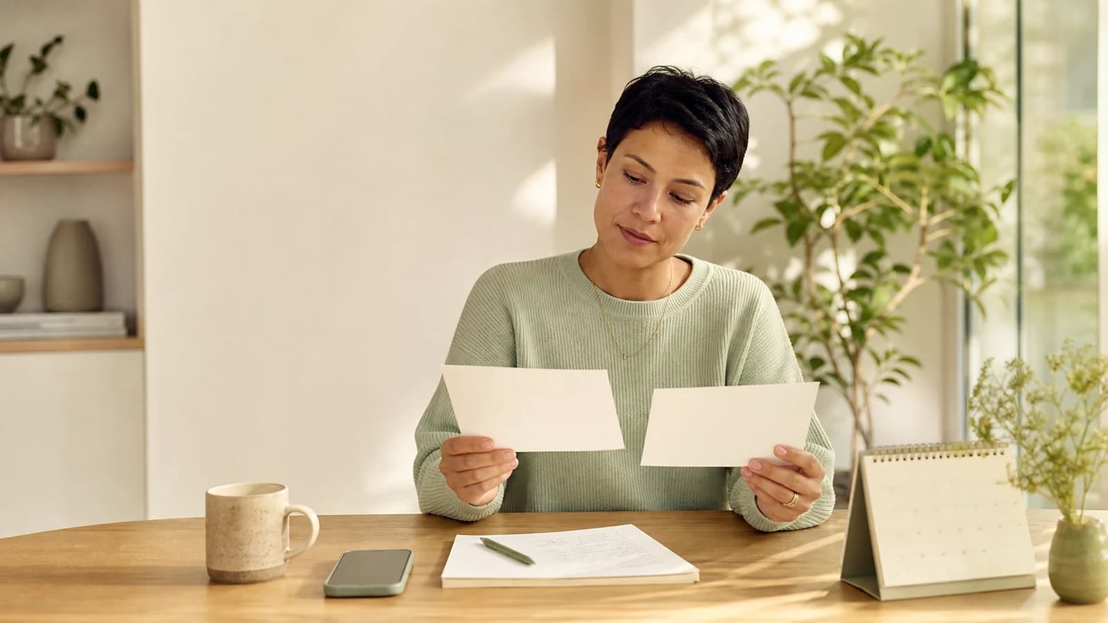 Person comparing two plain medicine information cards with a short question list at a sunlit home table