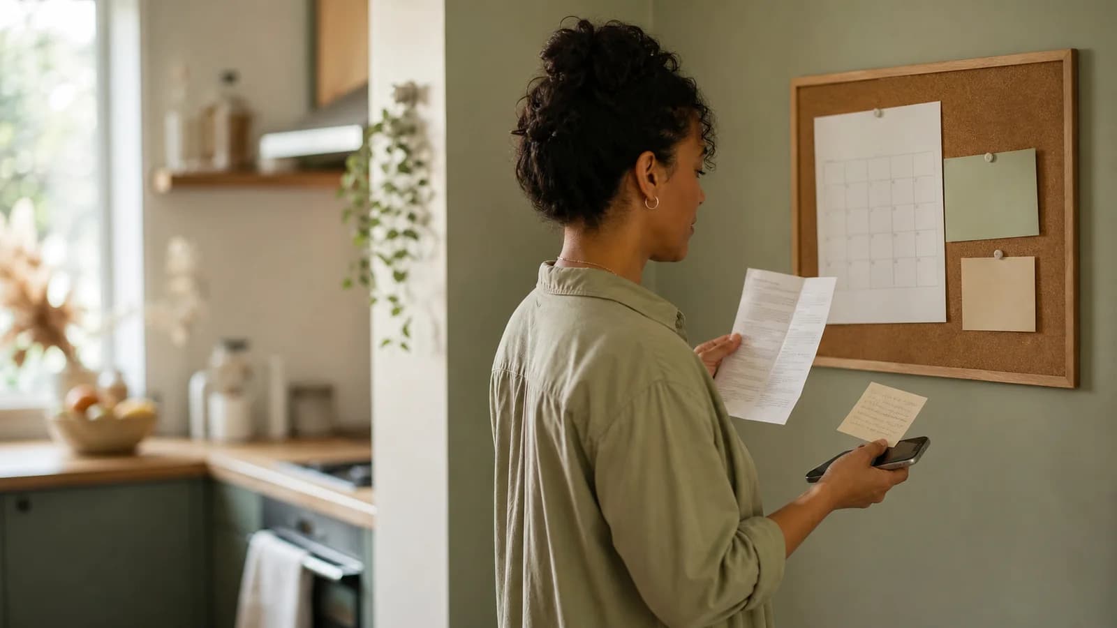 Person standing beside a kitchen notice board with a phone, a medicine guide, and a small notebook in afternoon light