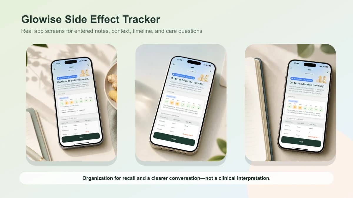 Glowise side-effect tracker screens showing symptom check-in, daily context, timeline, and care notes