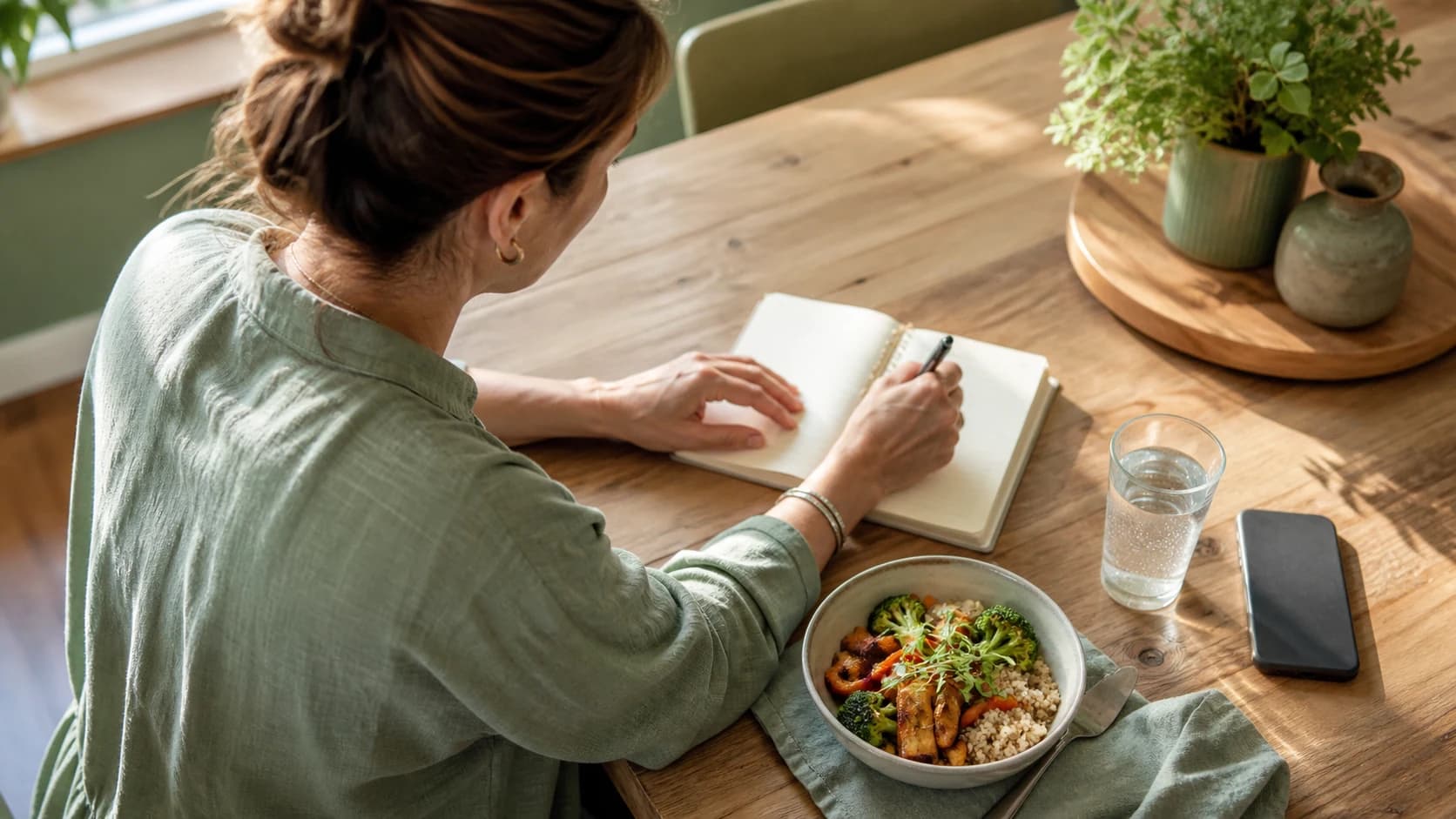 Adult writing a meal note at a sunlit kitchen table beside a bowl and glass of water